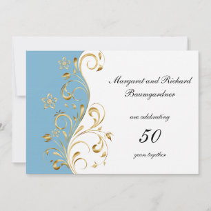 Light Blue Gold Swirls 50th Wedding Anniversary Invitation