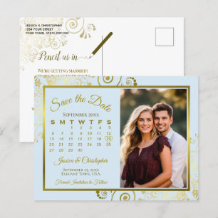 Light Blue & Gold Wedding Save Date Calendar Photo Announcement Postcard