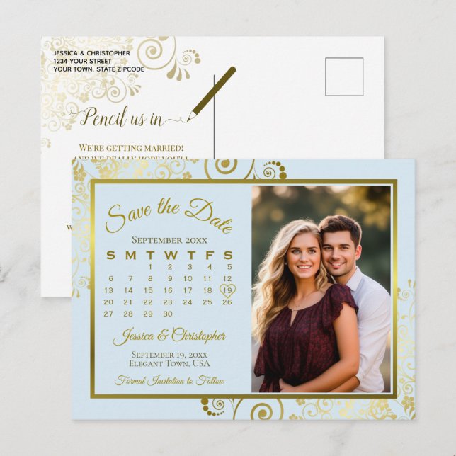 Light Blue & Gold Wedding Save Date Calendar Photo Announcement Postcard (Front/Back)