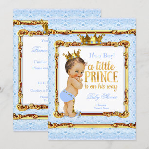 Light Blue Gold White Prince Baby Shower Brunette Invitation