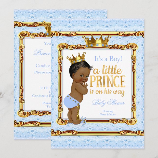 Light Blue Gold White Prince Baby Shower Ethnic Invitation (Front/Back)