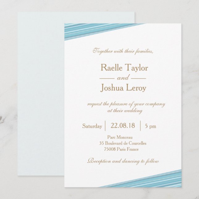 Light blue gold white subtle stripes wedding invitation (Front/Back)
