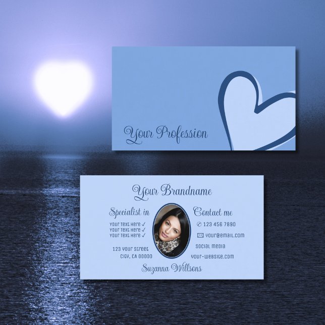 Light Blue Gorgeous Heart Modern with Photo Cute Business Card (Creator Uploaded)