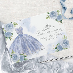 Light Blue Gown Floral Quinceanera Guest Book