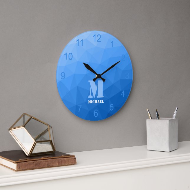 Light blue gradient Geometry Mesh Pattern Monogram Large Clock (Office)