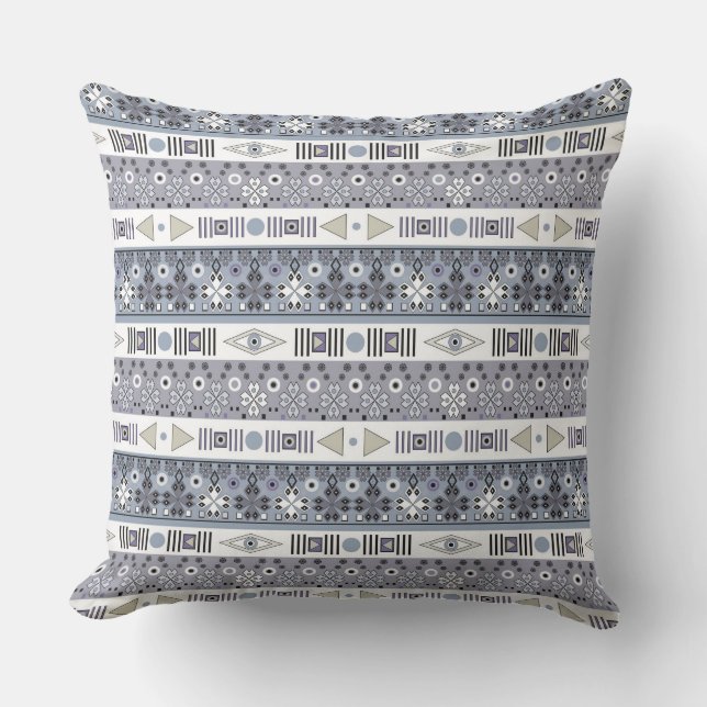 Light blue gray ethnic striped ornament  cushion (Front)