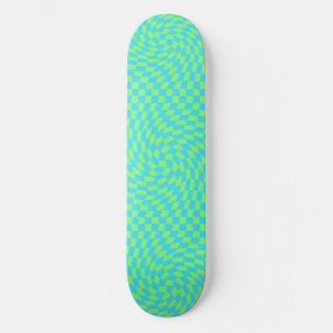 Light Blue & Green Warped Checkerboard Pattern  Skateboard