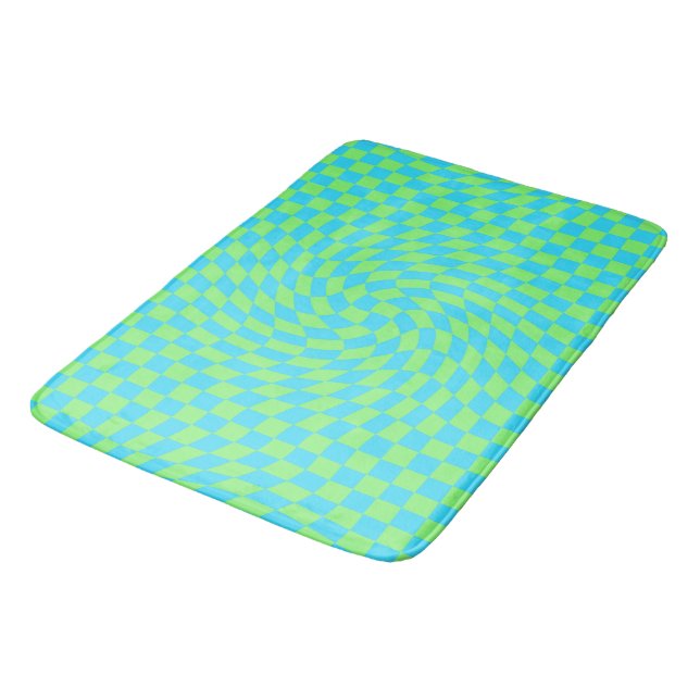 Light Blue & Green Warped Chequerboard Pattern  Bath Mat (Angled)