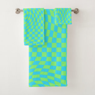 Light Blue & Green Warped Chequerboard Pattern Bath Towel Set