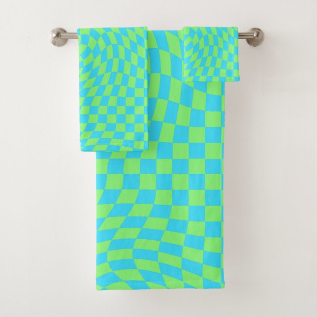 Light Blue & Green Warped Chequerboard Pattern  Bath Towel Set (Insitu)
