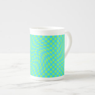 Light Blue & Green Warped Chequerboard Pattern Bone China Mug