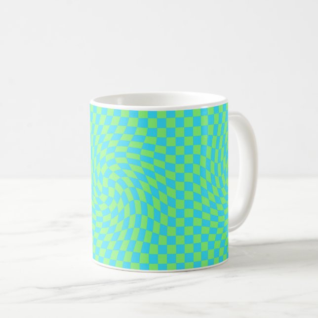 Light Blue & Green Warped Chequerboard Pattern  Coffee Mug (Front Right)