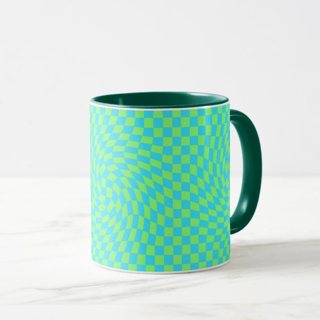 Light Blue & Green Warped Chequerboard Pattern  Mug (Front Right)