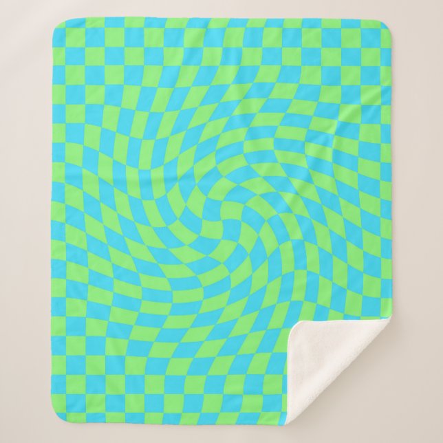 Light Blue & Green Warped Chequerboard Pattern  Sherpa Blanket (Front)