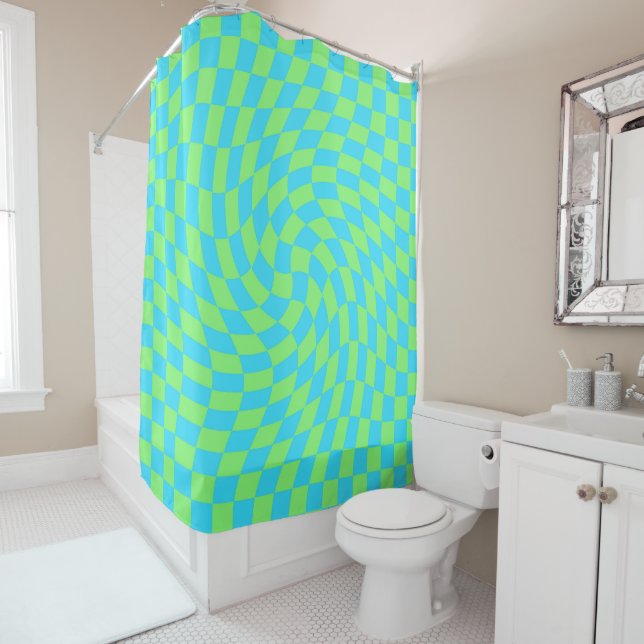 Light Blue & Green Warped Chequerboard Pattern  Shower Curtain (In Situ)