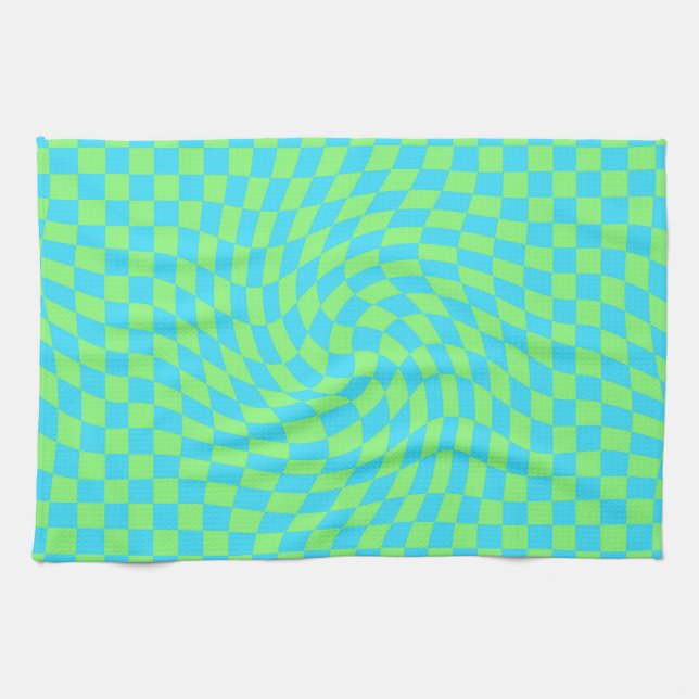 Light Blue & Green Warped Chequerboard Pattern  Tea Towel (Horizontal)