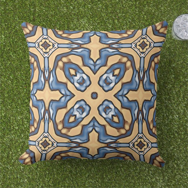 Light Blue Grey Cream Yellow Tan Brown Tribal Art Cushion (Grass)