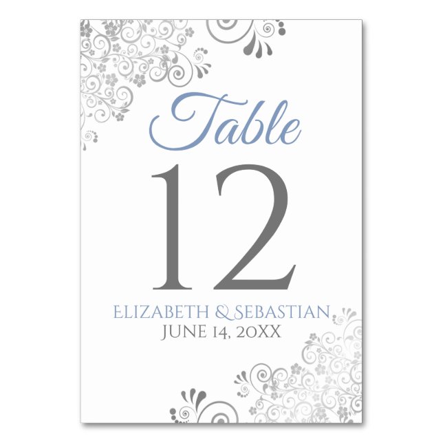 Light Blue & Grey Elegant Filigree Wedding Table Number (Front)