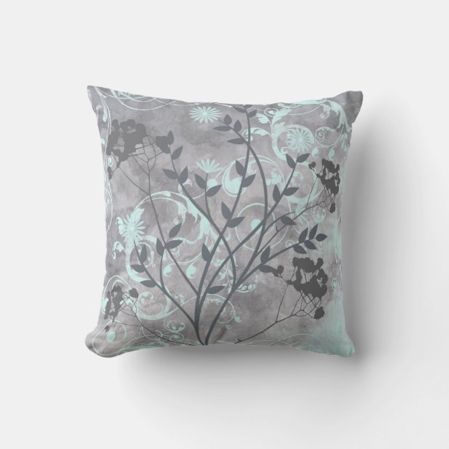 Light blue grey floral swirl designer pillow (Front)