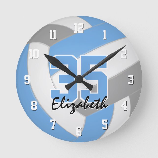 light blue grey girls personalised volleyball round clock (Front)
