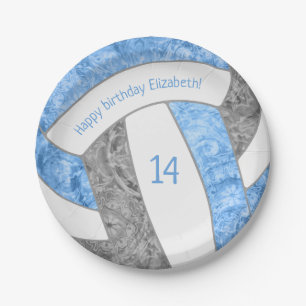 light blue grey girly volleyball birthday party paper plate