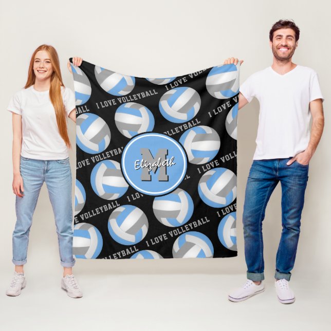 light blue grey I love volleyball text pattern Fleece Blanket (In Situ)
