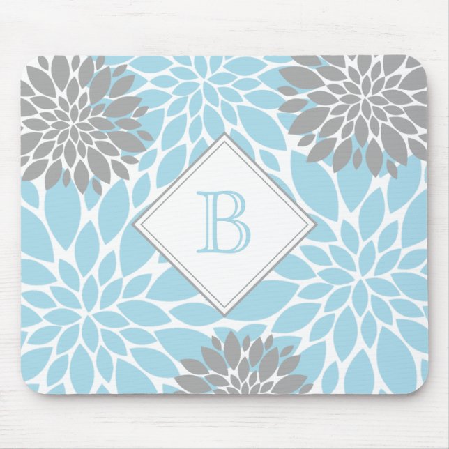 Light Blue Grey Modern Blooms Initial Monogram  Mouse Mat (Front)
