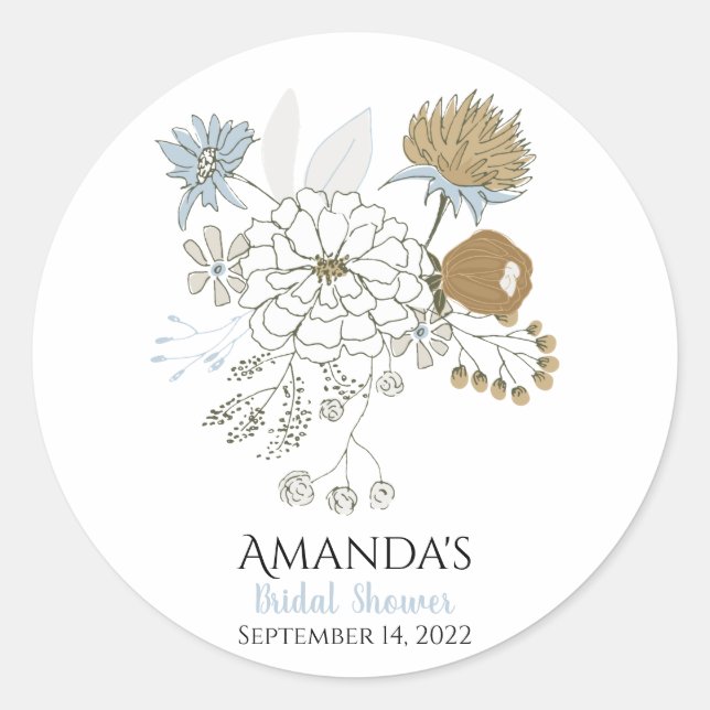 Light blue grey tan summer florals  classic round sticker (Front)