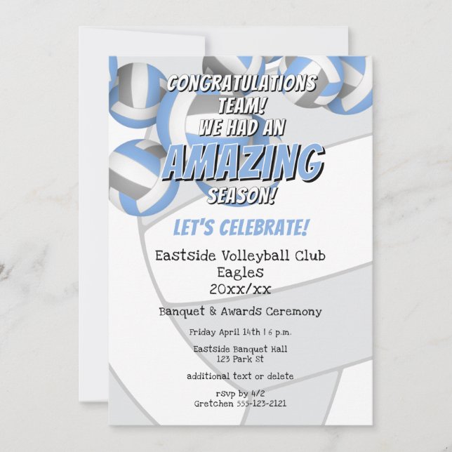 light blue grey team colours kids volleyball party invitation (Front)