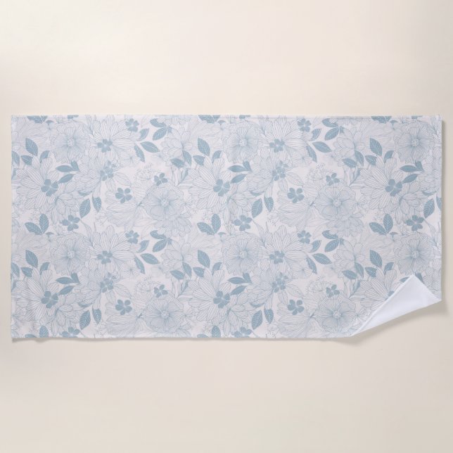 Light Blue-Grey Vintage Flowers Pattern Beach Towel (Front)