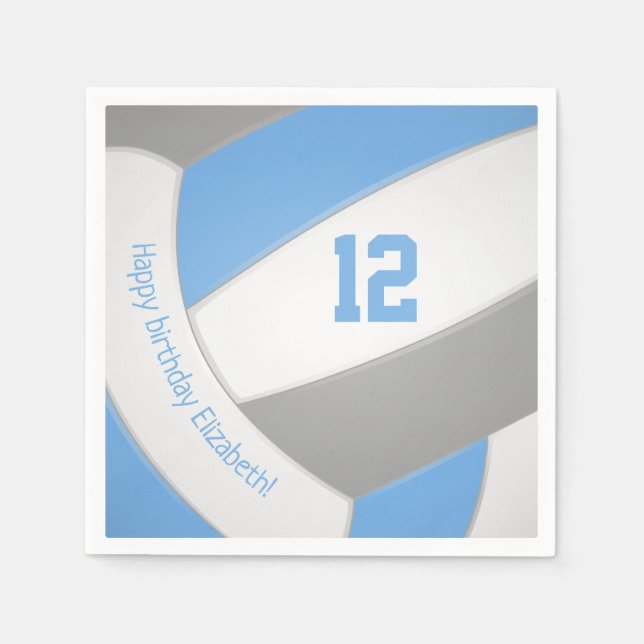 Light blue grey volleyball player happy birthday napkin (Front)