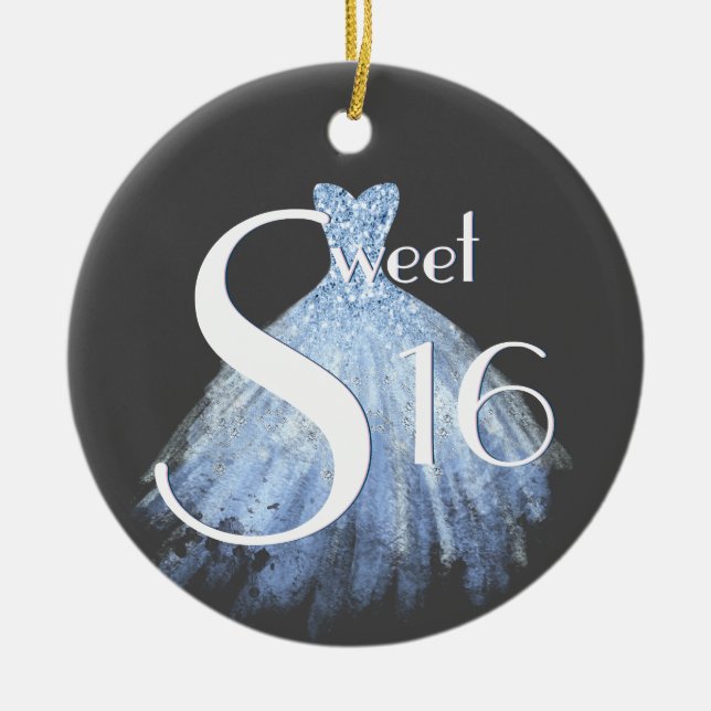 Light Blue, Grey, White Sweet Sixteen Trendy Ceramic Tree Decoration (Front)