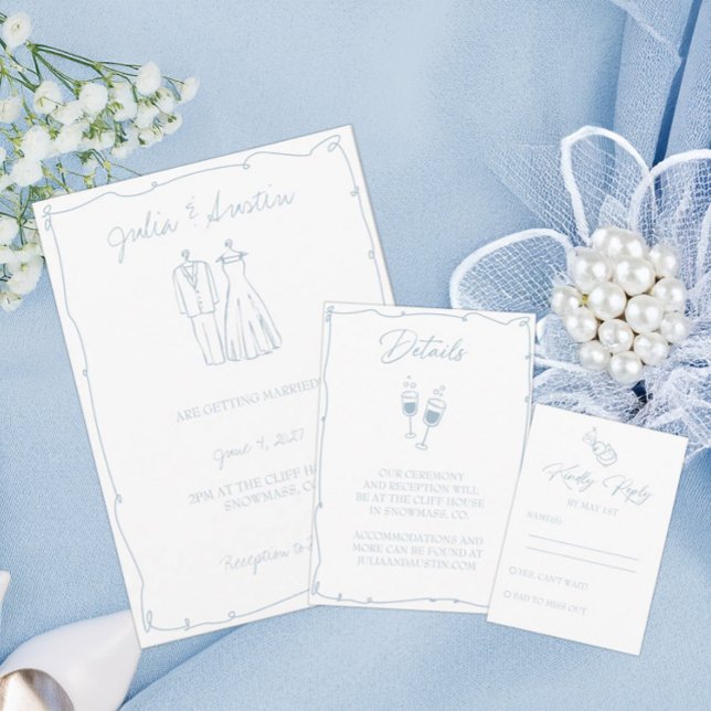Light Blue Hand Drawn Bride and Groom Wedding Invitation (Creator Uploaded)