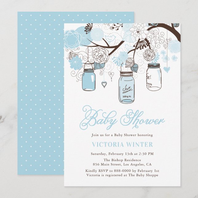 Light Blue Hanging Mason Jars Baby Shower Invitation (Front/Back)