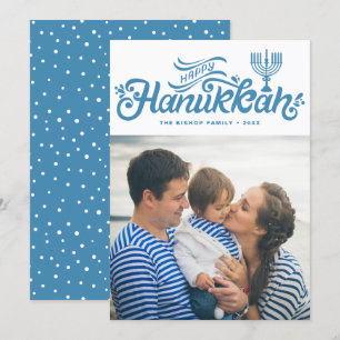 Light Blue Happy Hanukkah Hand Lettered Photo Holiday Card