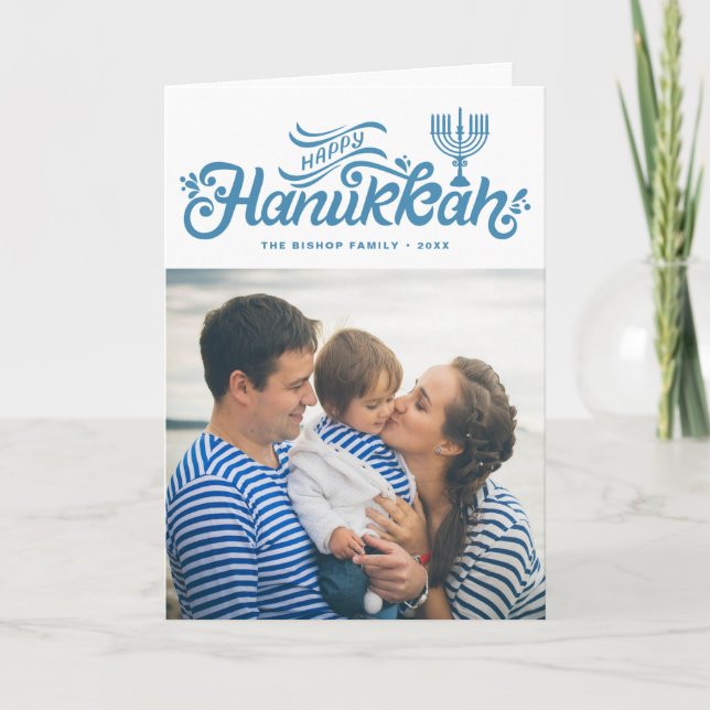 Light Blue Happy Hanukkah Hand Lettered Photo Holiday Card (Front)
