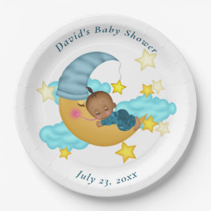 Light Blue Hat Baby on a Moon Paper Plate