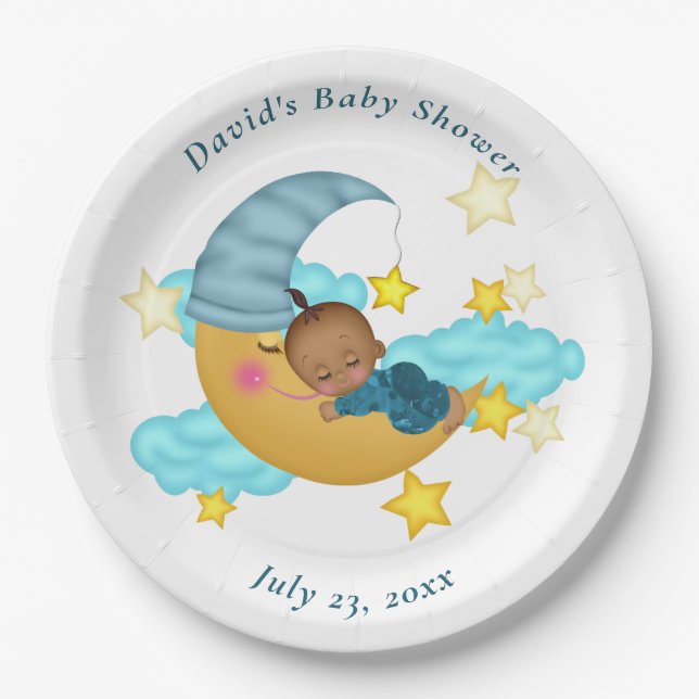 Light Blue Hat Baby on a Moon Paper Plate (Front)