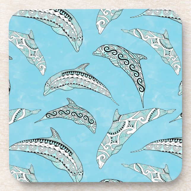 Light Blue Hawaiian Tribal Dolphins Coaster (Front)