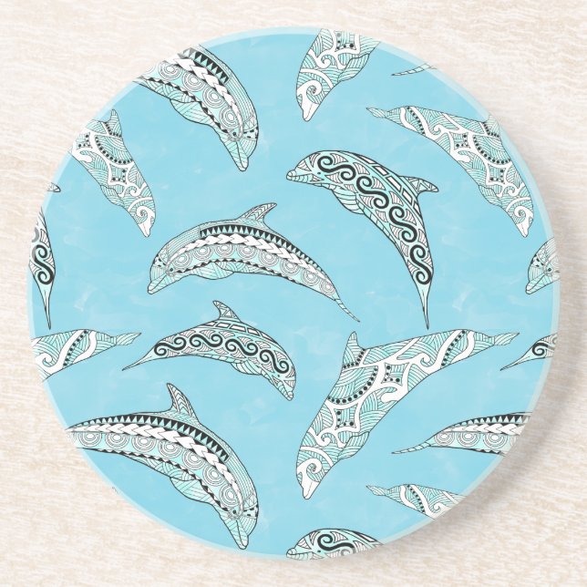 Light Blue Hawaiian Tribal Dolphins Coaster (Front)