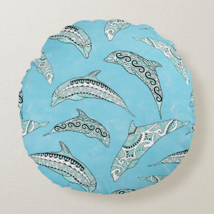 Light Blue Hawaiian Tribal Dolphins Round Cushion