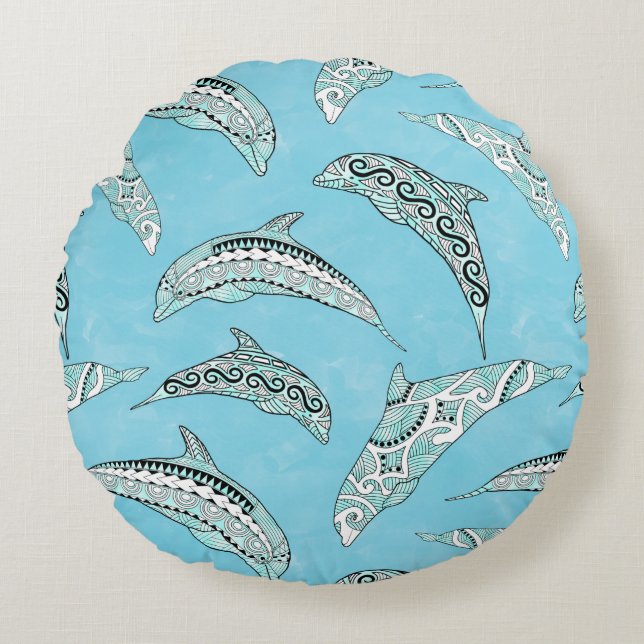 Light Blue Hawaiian Tribal Dolphins Round Cushion (Front)