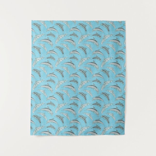 Light Blue Hawaiian Tribal Dolphins Tapestry (Front)