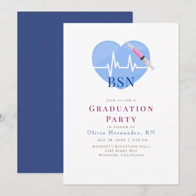 Light Blue Heart, Heartbeat and Syringe Nursing Invitation (Front/Back)