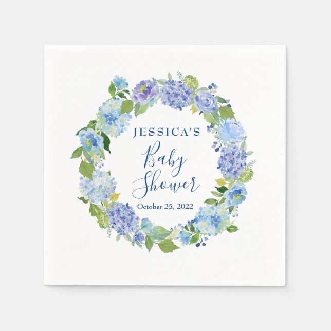 Light Blue Hydrangea Floral Baby Shower Paper Napkin (Front)