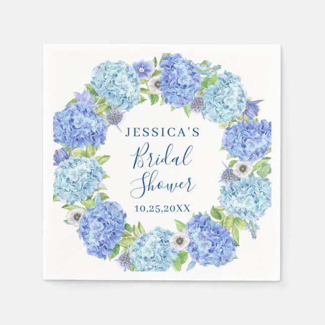 Light Blue Hydrangea Floral Bridal Shower Paper Napkin (Front)