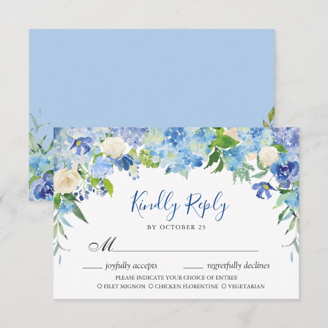 Light Blue Hydrangea  RSVP Card with Meal Choice (Front/Back)