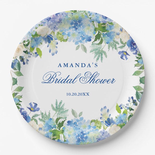 Light Blue Hydrangeas Floral Bridal Shower Paper Plate (Front)