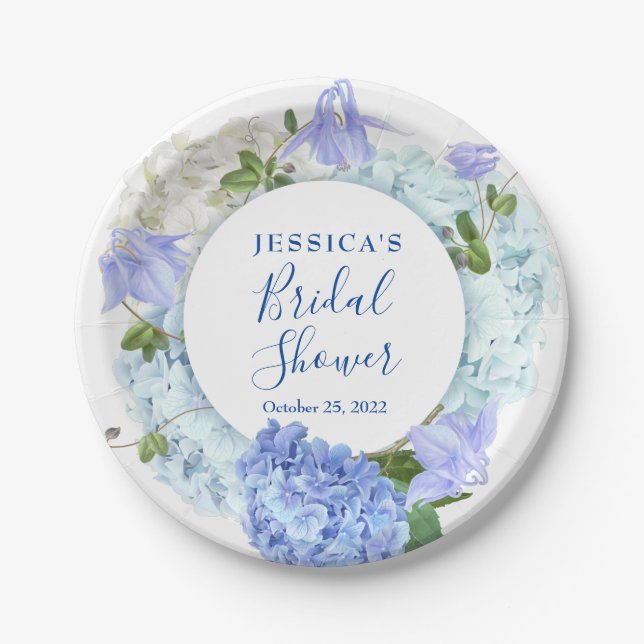 Light Blue Hydrangeas Floral Bridal Shower Party Paper Plate (Front)