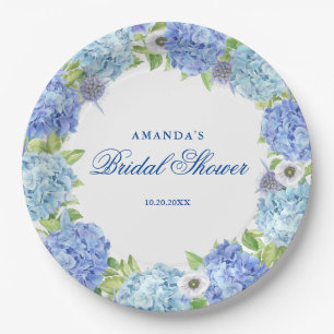 Light Blue Hydrangeas Floral Bridal Shower Party Paper Plate